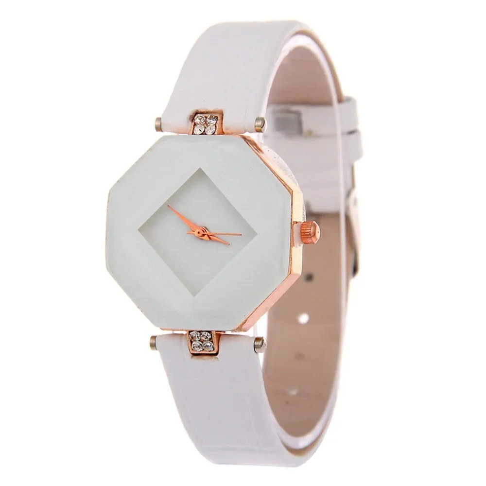 Chic Round Quartz Watch Rhinestone Decor Polygon Pointer Quartz Watch